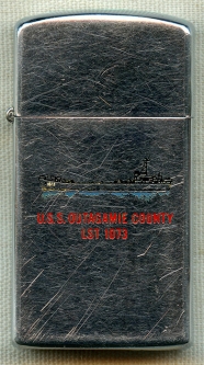 Nice 1963 Slim Zippo for USS Outagamie County LST-1073. Factory Engraved on Both Sides