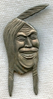 Large, Rare Late 1940s Indian Motocycles "Laughing Indian" Lapel Badge