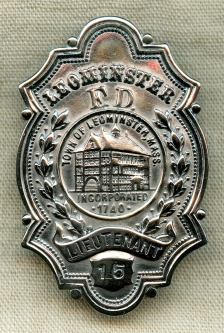 Nice ca 1900s - 1910s Leominster MA Fire Dept Lieutenant Rank Badge #15