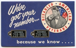 Rare 1953 Massachusetts DAV Mini-License Plate Key Fob. Plates on Original Mailing Card.