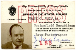 Great 1960 Massachusetts State Police Issue Press ID Pass for Springfield Republican Photographer
