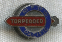 Rare Sterling WWII US Merchant Marine Torpedoed Pin for Marine Firemen Oilers & Wipers MFOW