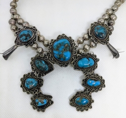 Lovely 1950's - 60's "Mini Squash" Blossom Necklace with Beautiful Morenci turquoise Cabs