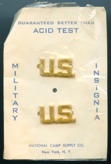 Mint, Unused Pair of WWII US Army Officer Collar "US" Insignia on Original Card!
