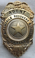 Cool, Vintage 1970's Automobile Recovery Bureau Mobile Agent Badge #1 from Houston, Texas