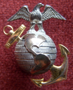1930s US Marine Corps Officer Dress Collar Badge in Sterling with 10K Gold Anchor by Meyer