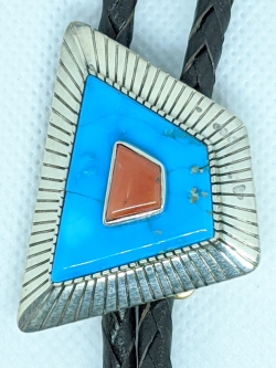 Beautiful Vintage 1970's - 80's Modern Design Navajo Bolo in Silver, Coral, & Morenci Turquoise