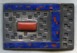 Wonderful Modernist Native American Belt Buckle in Sterling Lapis & Coral by Alan Wallace