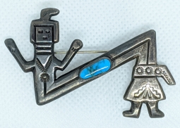 Lovely 1940's - 50's Hopi Silver Longhair Kahcina Brooch with Lovely Morenci Turquoise