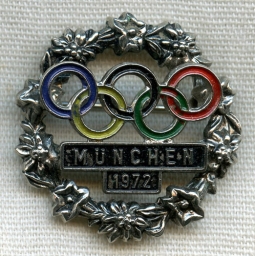 Large Wreathed 1972 20th (XX) Olympiade Munchen (Munich) Pin with Olympic Rings