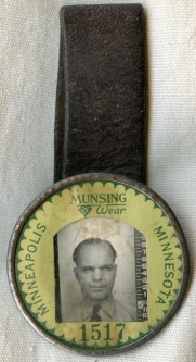 Great WWI Era Munsingwear Worker Photo ID Badge in Leather Hanger