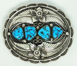 Gorgeous, Large, 1970's Navajo Silver & Turquoise Belt buckle by Steven Apachito 2.6 Oz