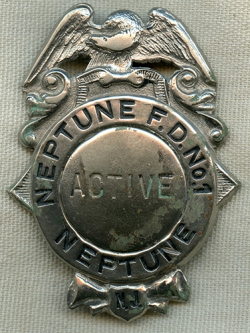 Nice 1910's Neptune NJ Fire District No. 1 Active Member Fireman Badge.