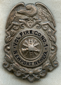 Beautiful 1910's Sterling Silver Newport News, VA Volunteer Fire Co. No. 1 Fireman Badge