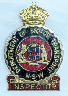 Early 1950's New South Wales, Australia, State Dept. of Motor Transport Inspector Badge