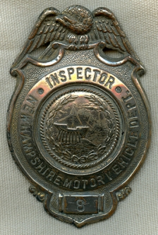 Ext Rare Early 1930's Pre State Police New Hampshire Motor Vehicle Dept. Inspector Badge & Hat Badge