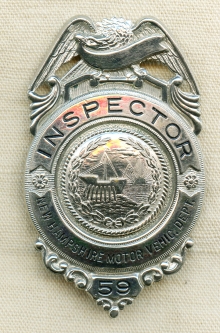 Ext Rare 1920's 2nd Issue New Hampshire Motor Vehicle Dept Inspector Badge Pre State Police
