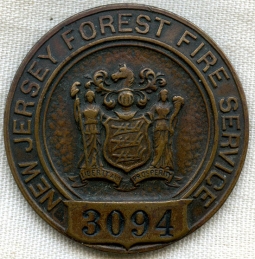Beautiful 1910's New Jersey Forest Fire Service Badge #3094 in Bronze by Whitehead & Hoag