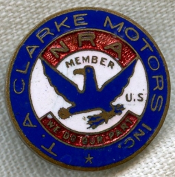 Nicely Enameled 1930s National Recovery Act (NRA) Lapel Pin from T. A. Clarke Motors, Pawtucket, RI