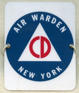 Great Cold War Era Civil Defense Air Warden Celluloid Arm Badge for New York