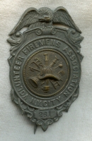 1880s New York City Volunteer Firemens Association Badge Low 3-Digit #