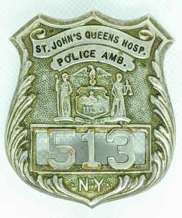 Extremely Rare NYPD St. John's Queens Hospital Police Ambulance Badge. Ca. 1940's - 50's