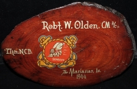 Beautiful 1944 USN 17th Seabees Hand-Painted Wooden Plaque from the Marianas Islands