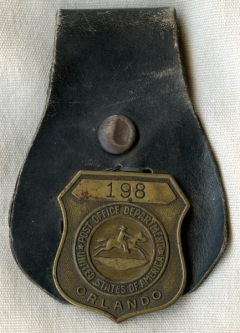 1950's Orlando, Florida Postal Employee or Clerk Badge #198 on Leather Hanger