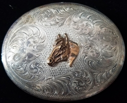 1950s - 60s Beautifully Hand Engraved Oval Sterling Front Western Buckle with Horse Head