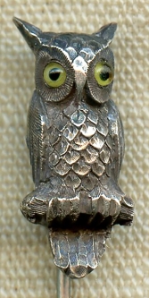 Lovely Victorian Hand-Chased Silver 3-D Owl Stick Pin with Glass Eyes