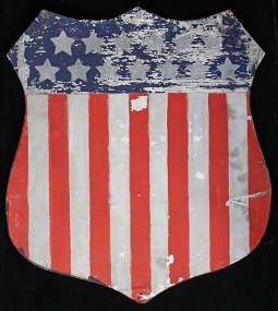 Great 19th C. Decorative Patriotic US Shield. Hand Painted on Tinned Sheet Metal