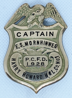 Beautiful 1928 Port Chester NY Fire Dept Badge of the Captain of the Harry Howard Hook & Ladder Co