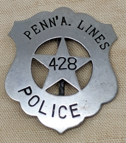 Great ca 1900 Pennsylvania RR (Penn'a. Lines or Pennsylvania Lines) Railroad Police Badge #428