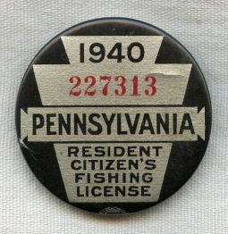 1940 Pennsylvania Resident Fishing License Celluloid Badge #227313