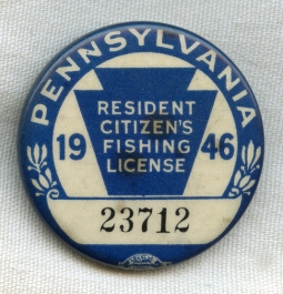 1946 Pennsylvania Resident Fishing License Celluloid Badge #23712