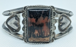 Beautiful 1930's - 40's Navajo Old Pawn Silver & Petrified Wood Agate Bracelet with Hearts