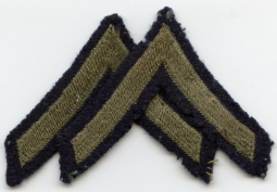 Small Pair WWII Private First Class Rank Stripes Olive Green Embroidery on Wool