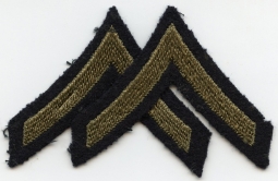 Pair WWII Private First Class Rank Stripes Olive Green Embroidery Green Backing
