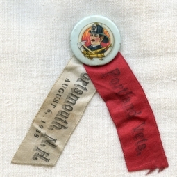 1938 Portsmouth, New Hampshire Veteran Firemen's Celluloid Badge with Ribbon
