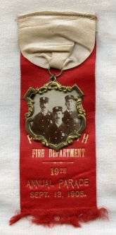 1905 Portsmouth, New Hampshire Fire Department Annual Parade Ribbon with Group Photo Medallion