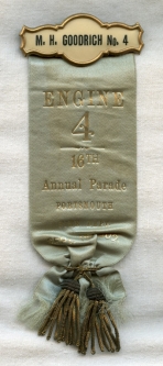 1902 Portsmouth, New Hampshire Fire Department Annual Parade Ribbon Engine No. 4