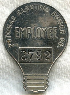 Great 1930s Numbered Potomac Electric Power Co. (PEPCO) Employee Figural Light Bulb Badge