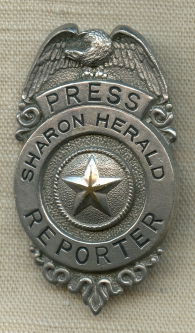 Nice Early 1930s Sharon Herald Reporter Badge from Sharon PA
