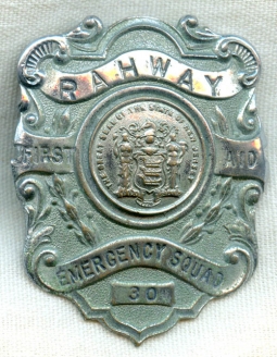 Great Circa 1930 Rahway, New Jersey Emergency Squad Hat Badge by S.M. Reese