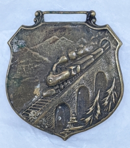 Great Ca 1900 Railroad Man's Watch Fob Showing a Steam Locomotive exiting a tunnel Crossing a Bridge