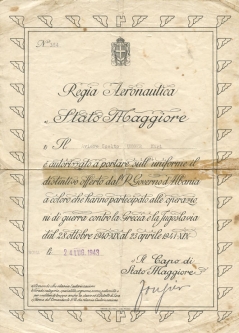 Rare 1943 Italian AF Aviation Document Given to German Pilot in Greek/Yugoslav Campaign
