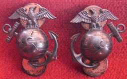 Scarce Pair of WWII US Marine Corps Officer Model 1944 Sterling Collar Insignia by H&H