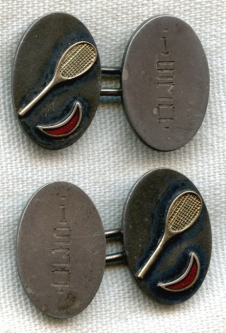 Beautiful 1930 Red Crescent Lawn Tennis Club Award Cuff Links in Enameled Coin Silver & GF