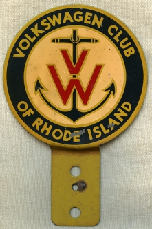 Great, Rare Ca. 1960 Volkswagen Club of Rhode Island License Plate Topper / Car Badge