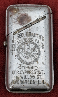 Great 1890s Pre-Prohibition Ridgewood Park Brewery Adv. Match Safe From Brooklyn, NY